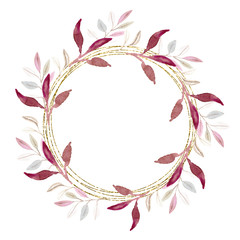 Golden circle and watercolor leaves wreath