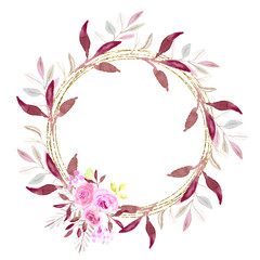 Golden frame, watercolor pink wreath