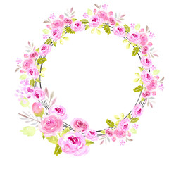 Pink watercolor floral wreath round