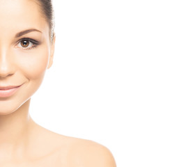 Fototapeta premium Beauty close-up portrait of beautiful, fresh and healthy girl. Human face isolated on white.