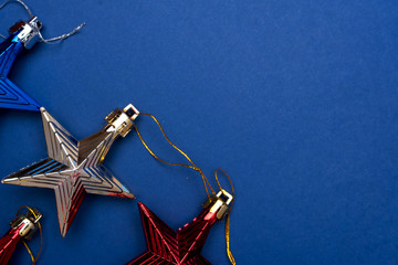 Merry Christmas and Happy New Year celebration card. Flat lay, top view holiday decorationion toys. Place for text