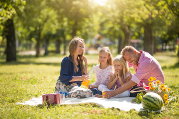 A cheerful family sitting on the grass during a picnic in the park, there is a basket with food and...