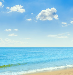 sea and sandy beach under a blue sky with clouds