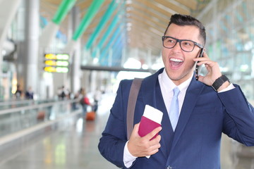 Businessman with evil laugher in airport 