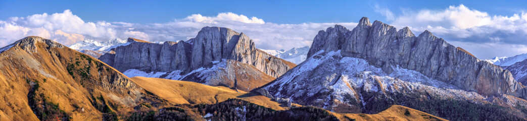 Beautiful scenic autumn landscape of majestic Acheshbok rocky mountain peaks called Devil's Gate...