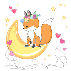 Cute red fox in a flower wreath