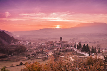 Winter sunset on a mountain village