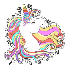 Obraz na płótnie Canvas Cute White Unicorn with rainbow hair