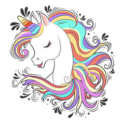Obraz na płótnie Canvas Cute White Unicorn with rainbow hair