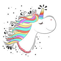 Obraz premium Cute White Unicorn with rainbow hair