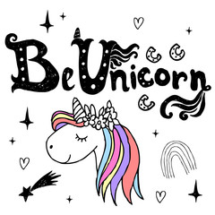 Unicorn cute character with hand written lettering