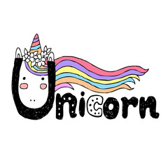 Unicorn cute character with hand written lettering