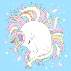 Vector unicorn head. Cute white unicorn with rainbow hair