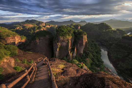 Wuyishan, Fujian Province China. Wuyi Mountain Scenery, Chinese National Park. China Danxia Exotic Cliff Scenery. UNESCO World Heritage, Daoism and Lingnan Culture. Heavenly Tour Peak. Chinese Pagoda