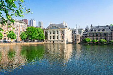 Fototapeta na wymiar city center of Den Haag - Mauritshuis and with reflections in pond, Netherlands