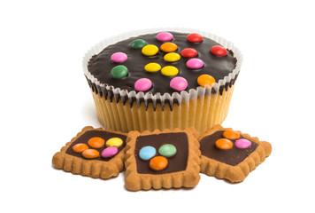 cookies with chocolate colored jelly beans isolated