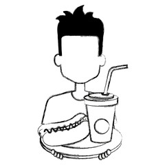 man with delicious hot dog and soda