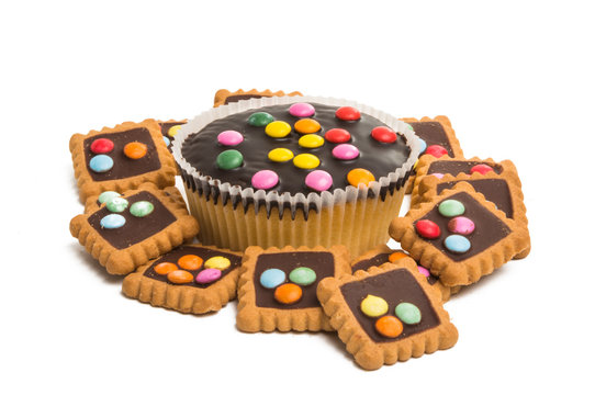 cookies with chocolate colored jelly beans isolated
