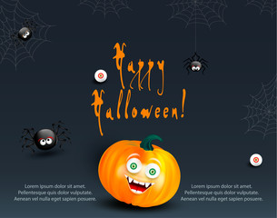 Halloween holiday design template for card, flyer or banner with copy-space for text. Happy orange pumpkin with funny monster face on dark night background with cute spiders, cobweb and eyes.