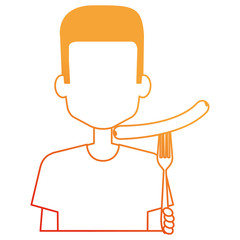 man with delicious sausage in fork