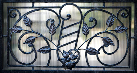 Details, structure and ornaments of forged iron gate. Decorative ornamen with roses, made from metal.