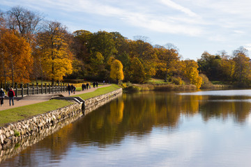 Fototapeta na wymiar Beautiful autumn day in Frederiksbork park, Hilleroed, Denmark