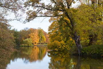 Fototapeta na wymiar Beautiful autumn day in Frederiksbork park, Hilleroed, Denmark