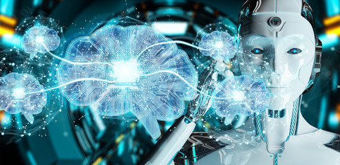 Robot creating artificial intelligence in a digital brain 3D rendering