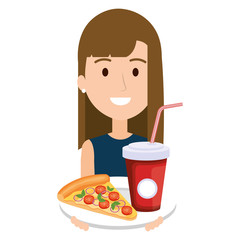 woman with italian pizza and soda