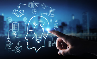 Businessman using thin line icon project plan presentation