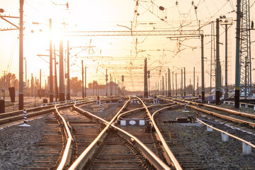 An empty railway sorting station or terminal with lots of juncti