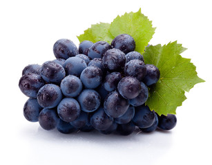 Blue grapes wet with leaves isolated on white background