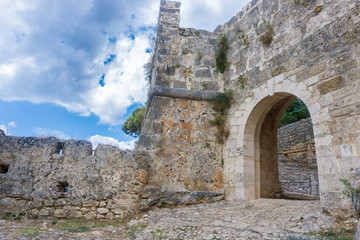 Fototapeta na wymiar Castle of saint George in Kefalonia, Greece. The castle was built on a hiltop by Byzantine Emperors in the 12th century. The Venetians gave its final form in the 16th century.