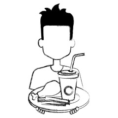 man eating chicken thigh with soda