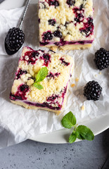 Cheesecake bars with blackberries and streusel with mint leaves on a white baking paper.