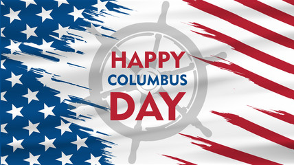 Happy Columbus Day National Usa Holiday Greeting Card With ship's wheel American Flag Flat  - obrazy, fototapety, plakaty