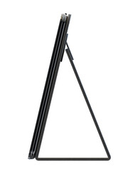 Tablet computer on stand on white background.