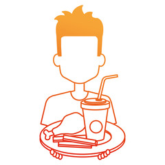 man eating chicken thigh with soda