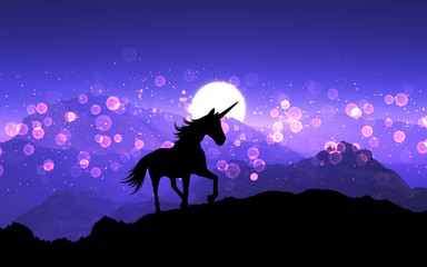 3D fantasy unicorn on a mountain landscape with purple sunset sky
