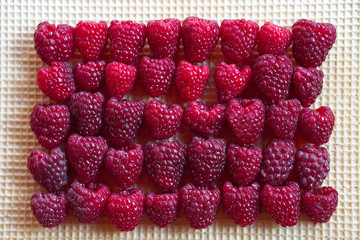 Red rose berry raspberries on wafers background. Sweets for vegetarians. Eco-friendly dessert. Stock photos