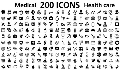 Set 200 Medecine and Health flat icons. Collection health care medical sign icons – vector