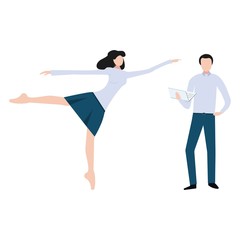 Vector illustration. Business team of two. Woman in formal wear in ballet pose dancing and pointing forward and man in formal wear standing and holding laptop. Success in business.