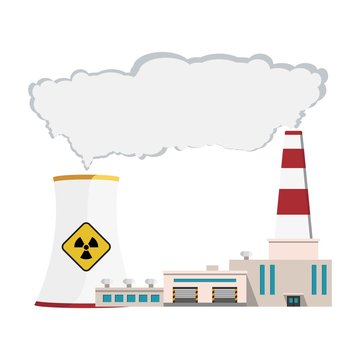 Nuclear power plant emitting CO2 and smoke for atomic energy. Isolated on white background. Ecology in danger. Vector illustration.