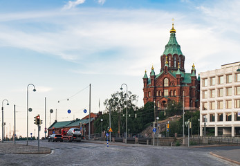 Obraz premium Uspenski Orthodox Cathedral Church in Katajanokka district of the Old Town at summer evening, Helsinki, Finland. View from Meritullintori Street