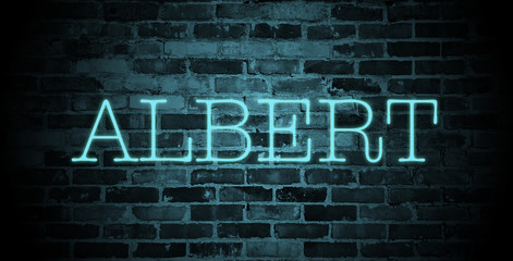 first name Albert in blue neon on brick wall