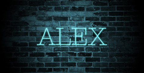 first name Alex in blue neon on brick wall - obrazy, fototapety, plakaty