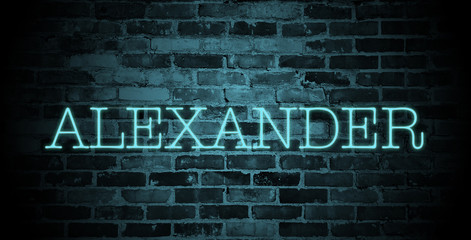 Obraz premium first name Alexander in blue neon on brick wall