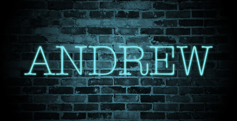 first name Andrew in blue neon on brick wall