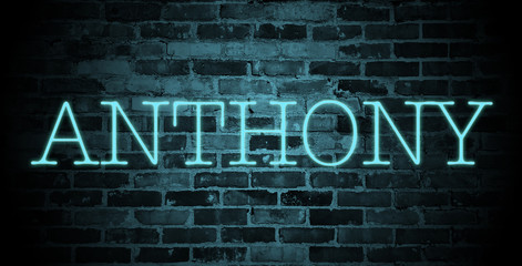 Fototapeta na wymiar first name Anthony in blue neon on brick wall