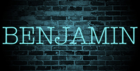Fototapeta premium first name benjamin in blue neon on brick wall